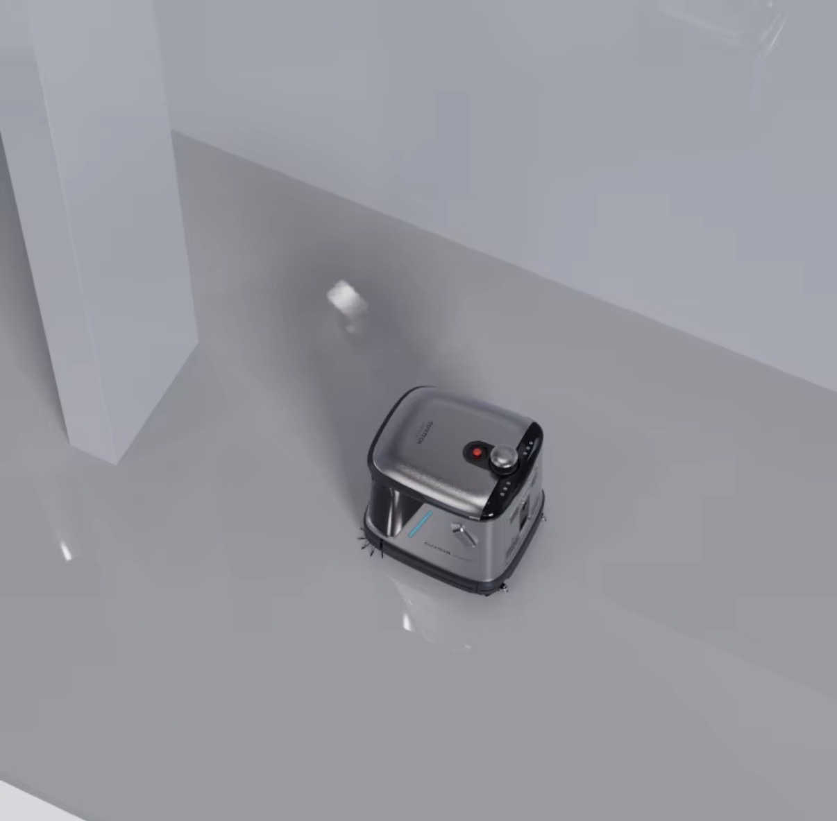 Reinigungsroboter aus der Vogelperspektive auf einer Bodenfläche