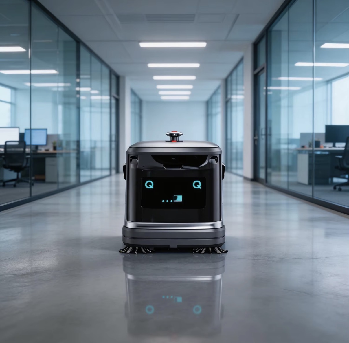 KI-Reinigungsroboter auf einem Büroboden zwischen Glaswänden
