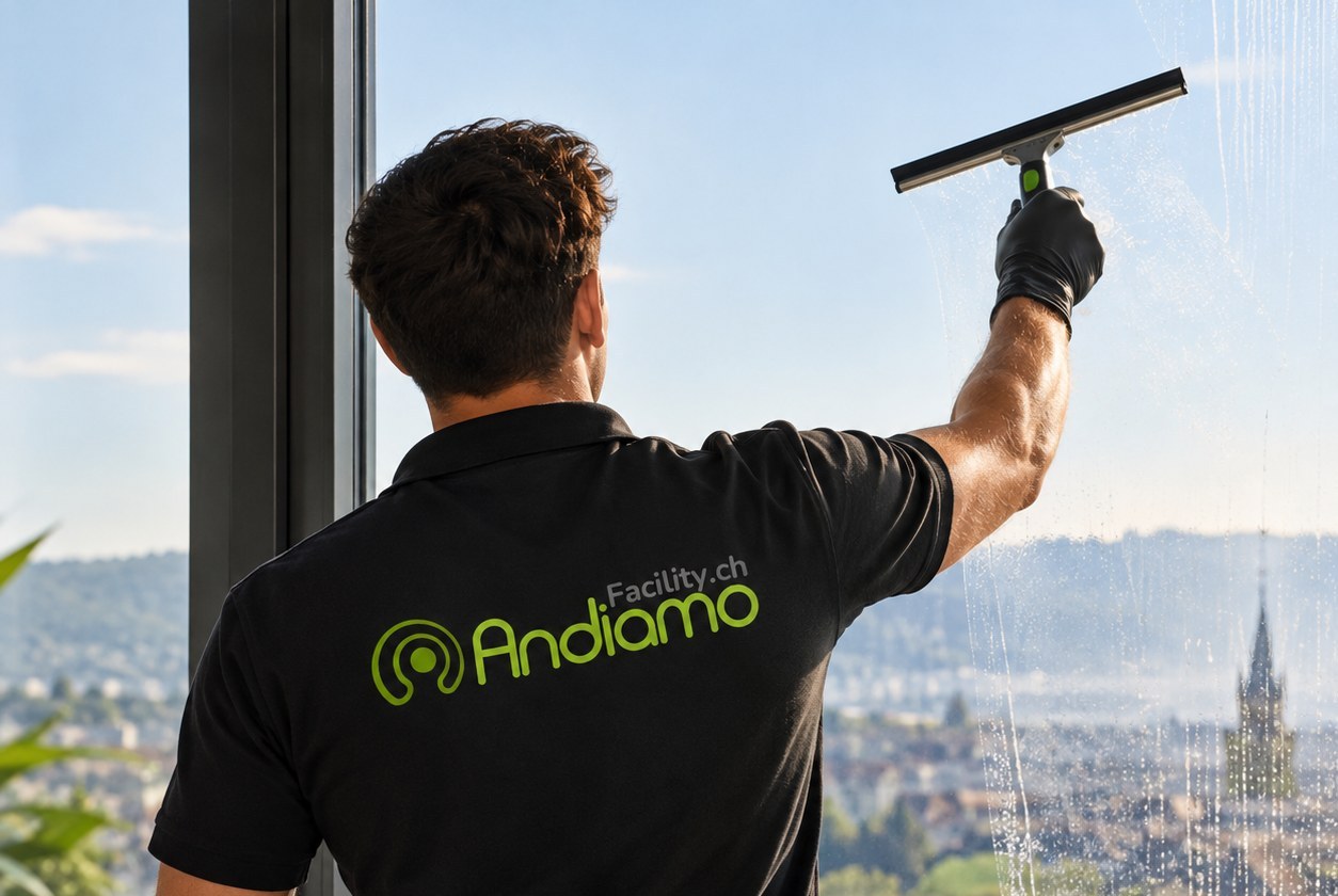 Mitarbeitende von Andiamo Facility reinigen ein bodentiefes Fenster mit dem Abzieher, im Hintergrund eine Stadtansicht