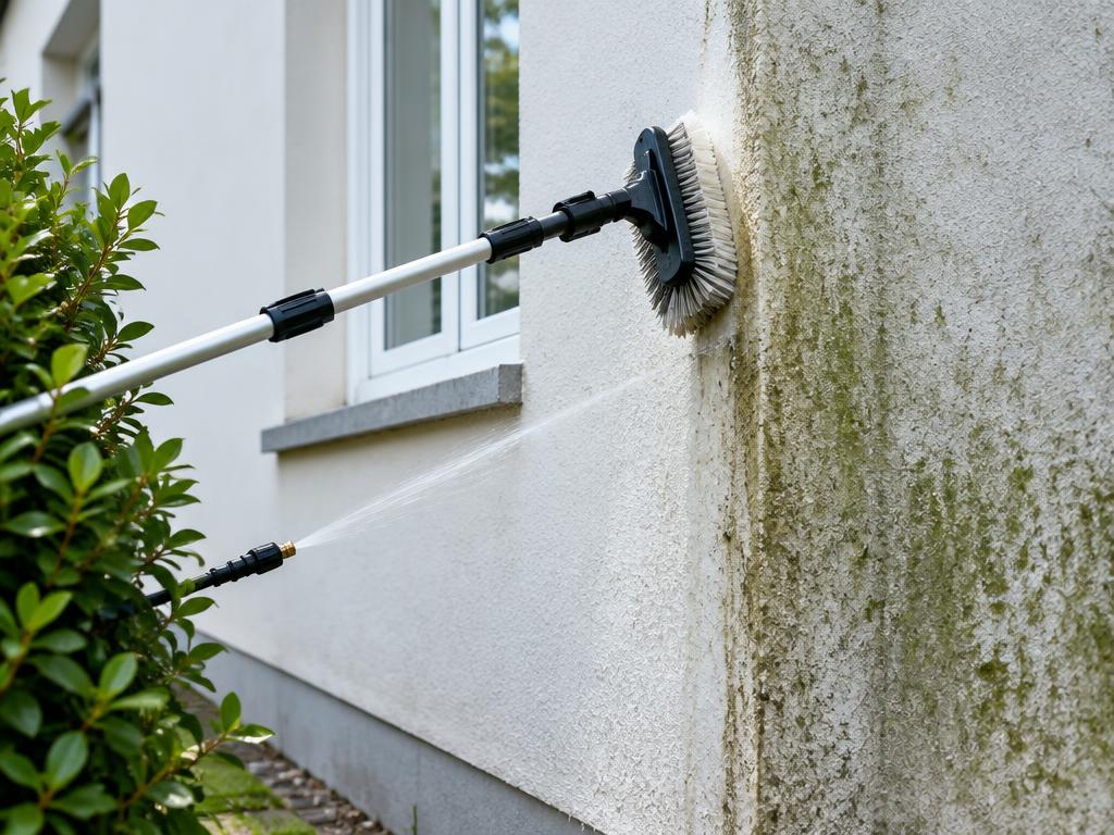 Illustrative Aufnahme: Reinigung einer Fassade mit Teleskopbürste