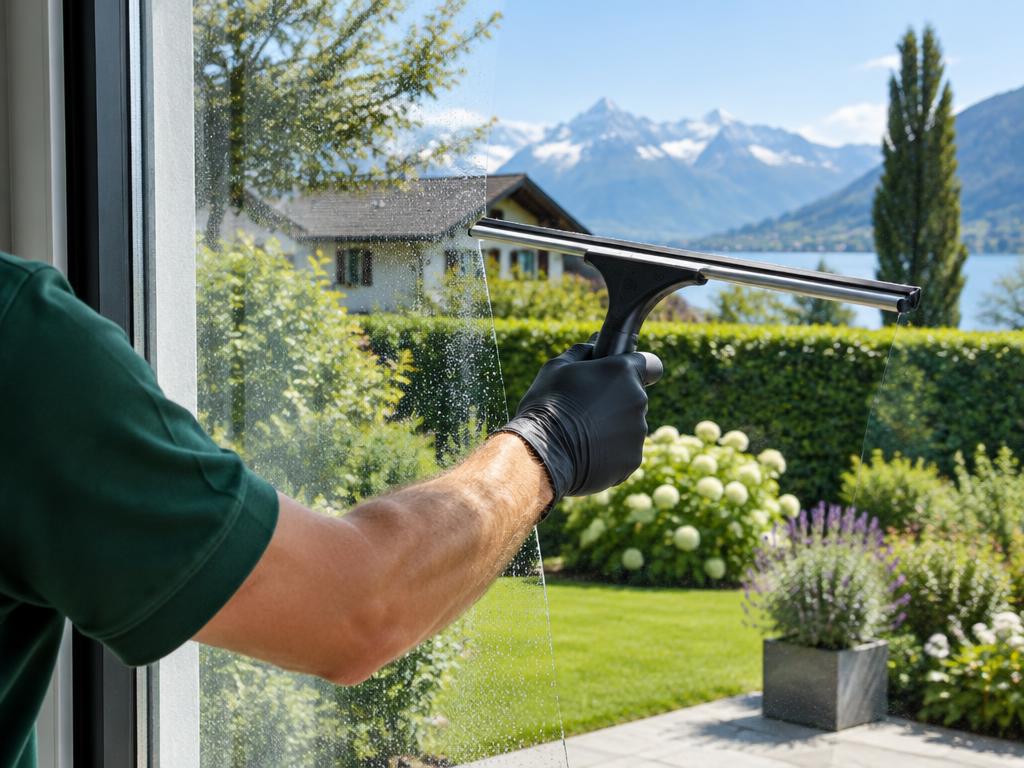 Illustrative Aufnahme: Fensterreinigung mit einem Abzieher