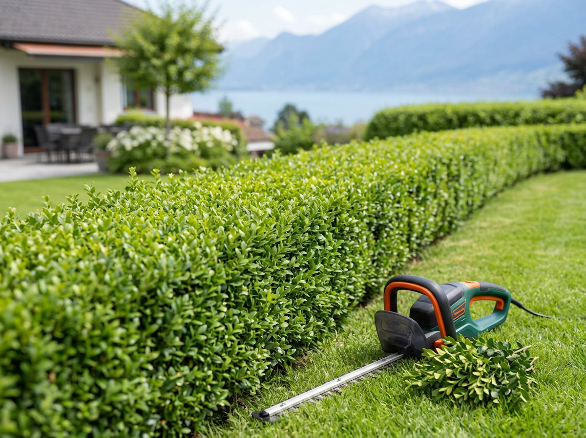 Illustrative Aufnahme: gepflegte Hecke mit Gartengerät und Schnittgut