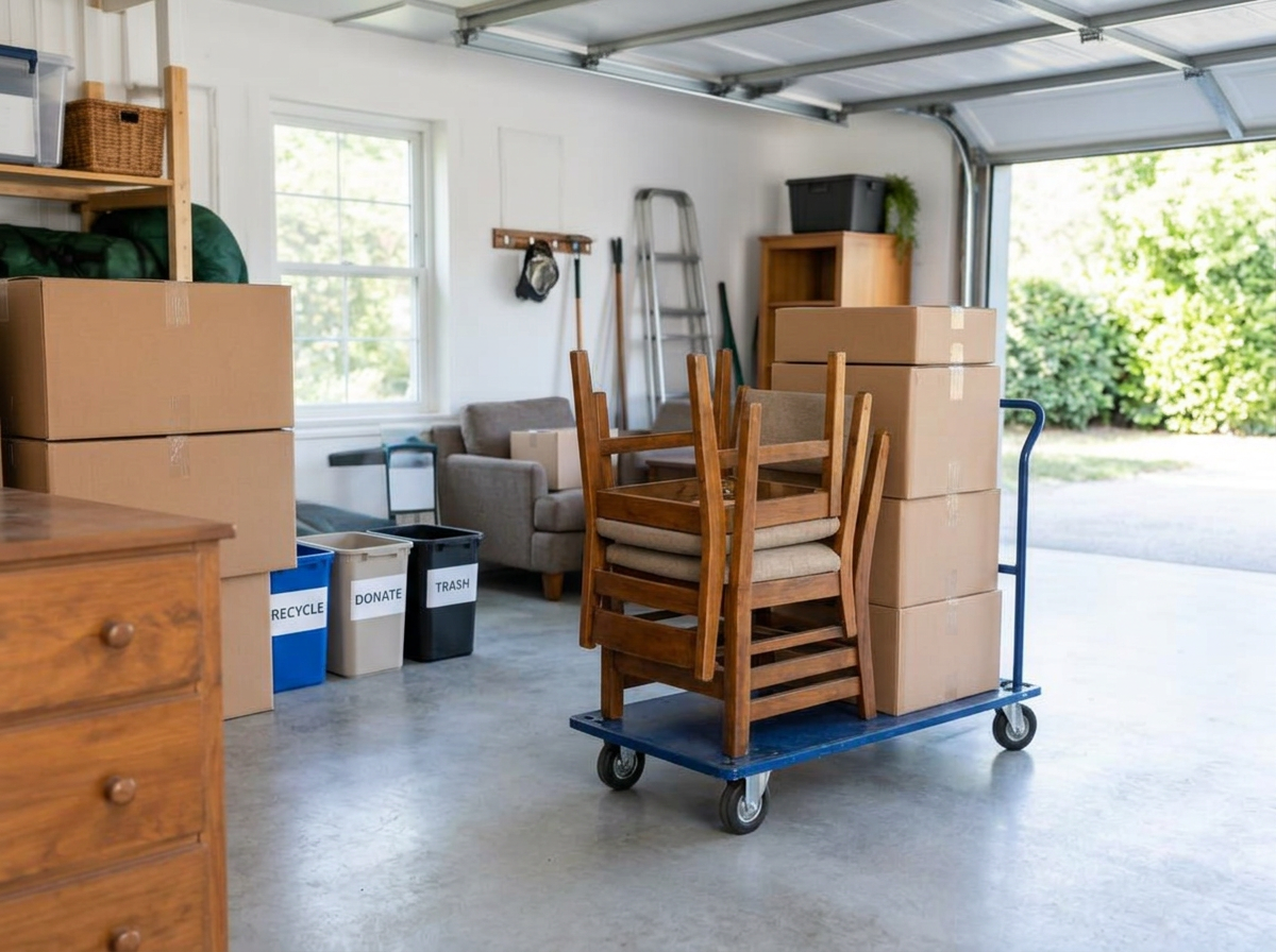 Illustrative Aufnahme: Räumung und Sortierung in einer Garage