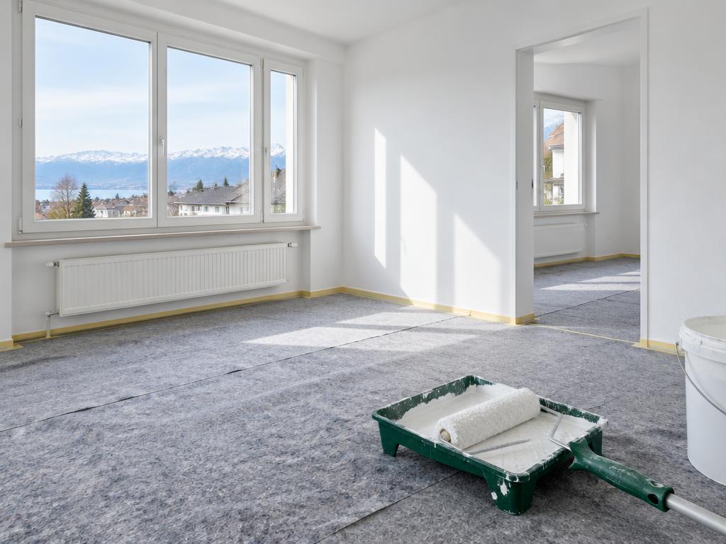Illustrative Aufnahme: weiss gestrichene Wohnung mit Malerrolle und Abdeckvlies